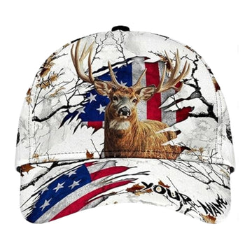 Maxcorners Custom White Grunge US Flag Deer Hunting Baseball Cap, Custom Patriotic Deer Caps For Hunters LM0402