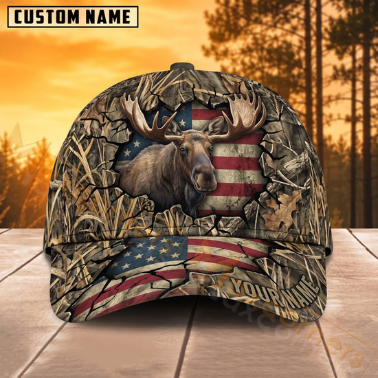 Maxcorners Moose Hunting American Flag Realtree Camo Personalized Name 3D Cap