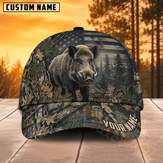 Maxcorners Wild Boar Hunting American Flag Dark Forest Camo Personalized Name 3D Cap