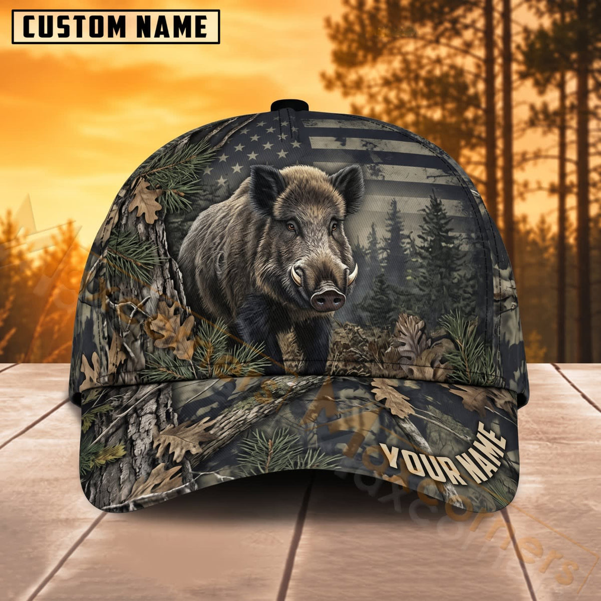 Maxcorners Wild Boar Hunting American Flag Dark Forest Camo Personalized Name 3D Cap