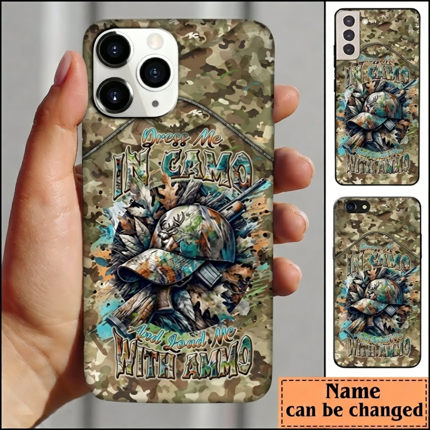Maxcorners Hunting Deer Nature Blue Woodland Camo Personalized Name 3D Phone Case