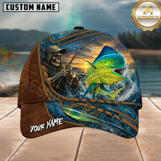 Maxcorners Fishing Skull Angler Sunset Mahi Mahi Personalized 3D Cap