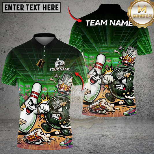 Maxcorners Bowling And Pins Funny Beer Drunken Fighting Customized Name, Team Name 3D Shirt (4 Colors)