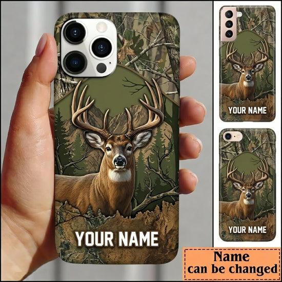 Maxcorners Hunting Deer Buck Green Woodland Camo Personalized Name 3D Phone Case