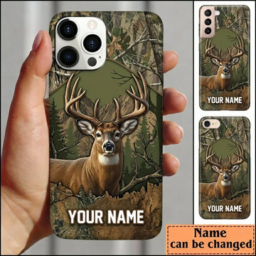 Maxcorners Hunting Deer Buck Green Woodland Camo Personalized Name 3D Phone Case
