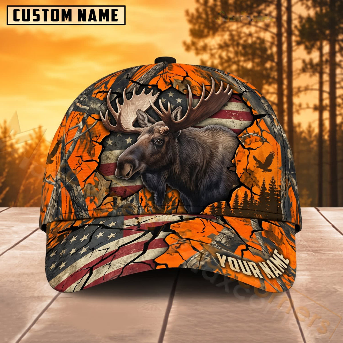 Maxcorners Moose Hunting American Flag Blaze Orange Camo Personalized Name 3D Cap