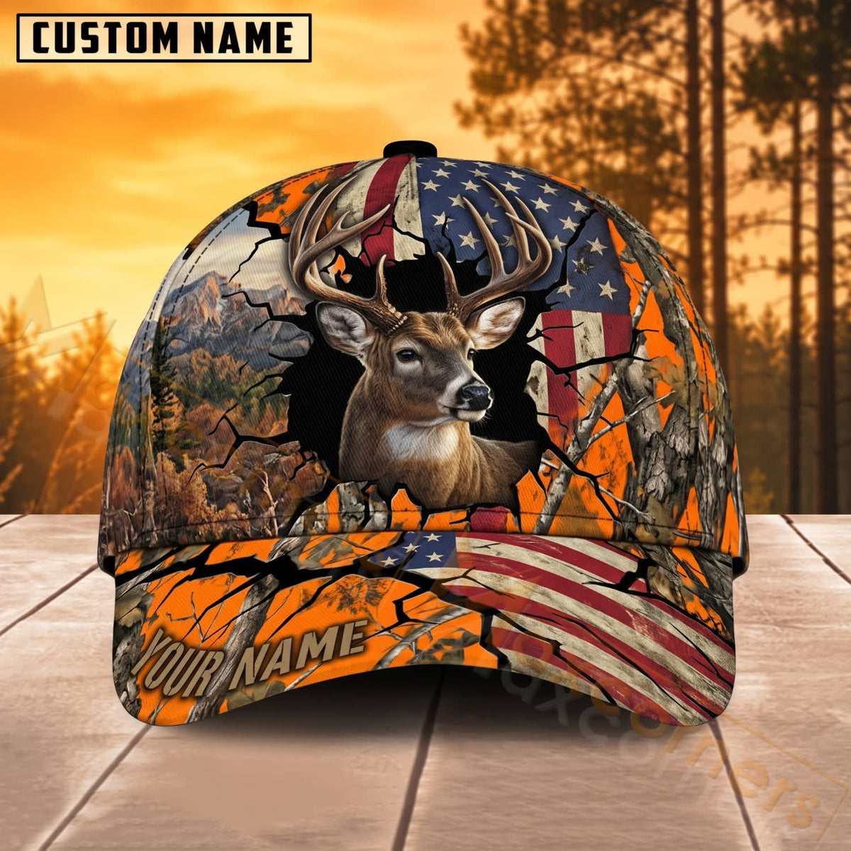 Maxcorners Deer Hunting Patriotic Blaze Orange Camo Personalized Name 3D Cap