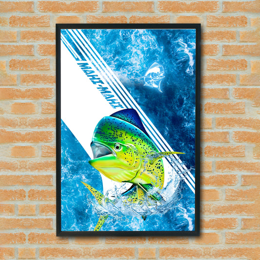 Maxcorners Mahi Mahi Fishing Blue Ocean Stripe Splash Design Personalized Name 3D Poster