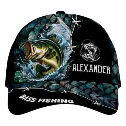 Maxcorners Personalized Bass Fishing 3D Printed Baseball Cap, Custom Name Fishing Lovers Caps Hats LM0402