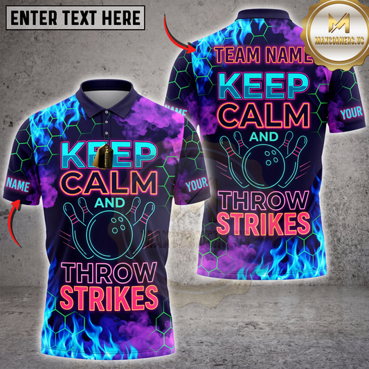 Maxcorners Bowling Keep Calm And Throw Strikes Purple Lightning Multicolor Customized Name, Team Name 3D Shirts ( 4 Colors )