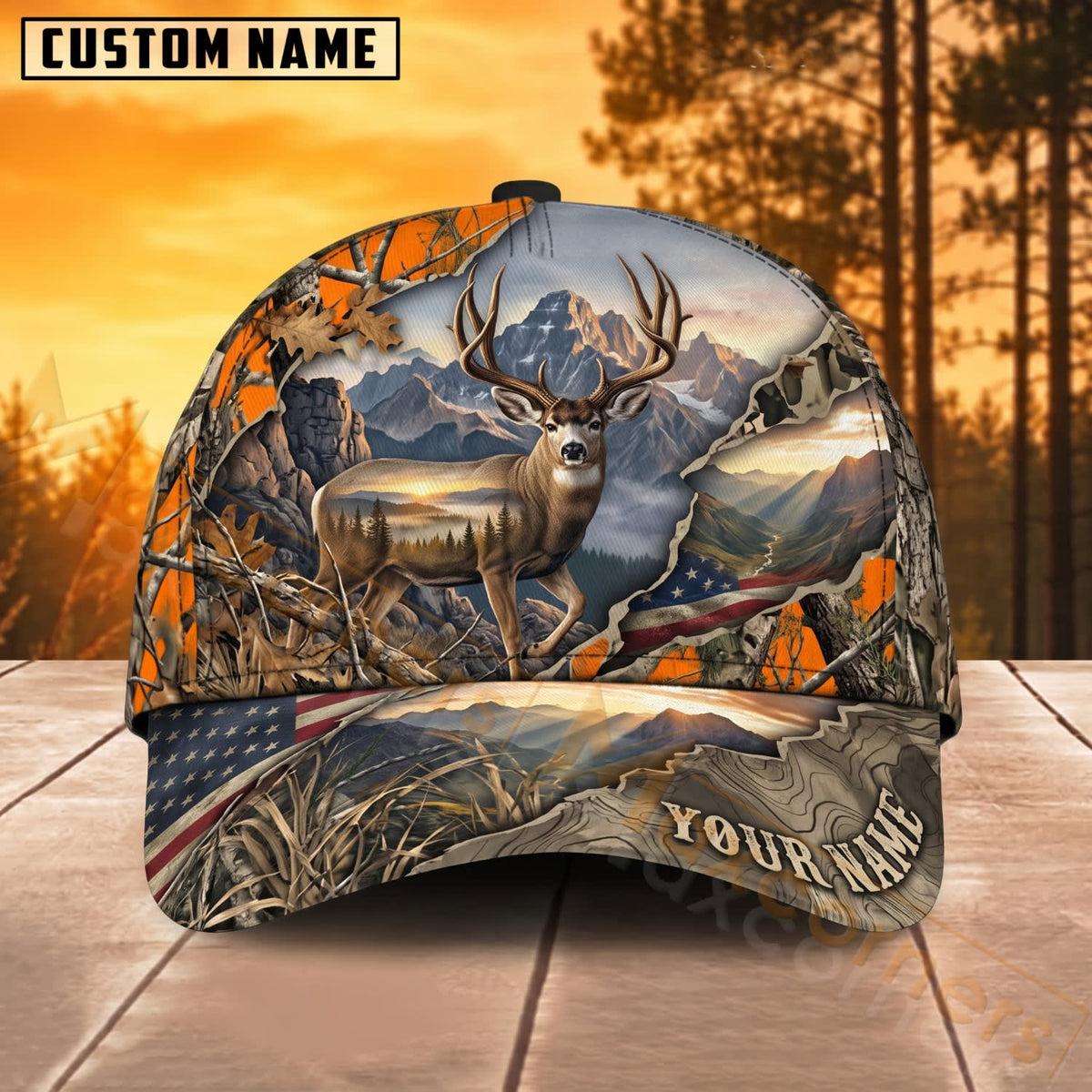 Maxcorners Deer Hunting Mountain Lake American Flag Orange Camo Personalized Name 3D Cap