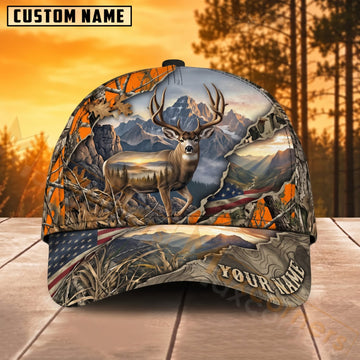 Maxcorners Deer Hunting Mountain Lake American Flag Orange Camo Personalized Name 3D Cap