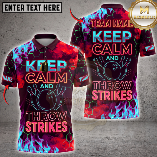Maxcorners Bowling Keep Calm And Throw Strikes Purple Lightning Multicolor Customized Name, Team Name 3D Shirts ( 4 Colors )