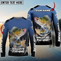 Maxcorners Walleyes Fishing Navy Hexagon Pattern Personalized Name, Team Name 3D Long Sleeve Shirt