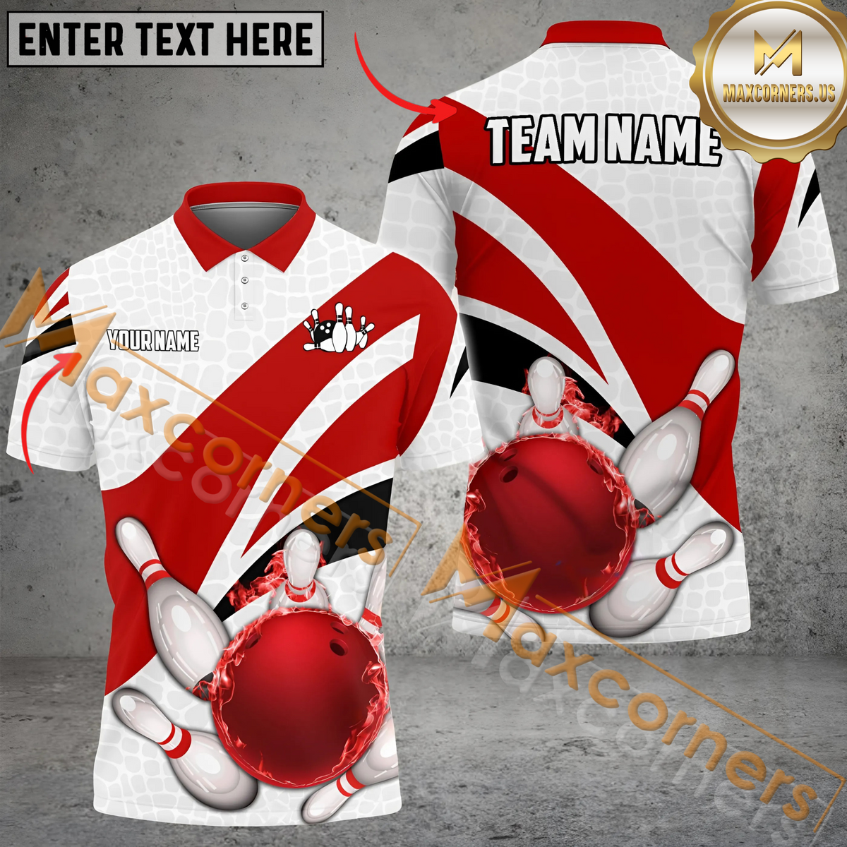 Maxcorners Ribbon Pattern Bowling Jersey Multicolor Option Customized Name, Team Name 3D Polo Shirt