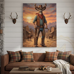 Maxcorners Cowboy Deer Standing in Sunset Western Town Wrapped Canvas
