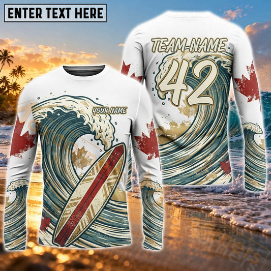 Maxcorners Surfboard Coastal Wave Adventure Art Customized Name, Number, Team Name 3D Long Sleeve Shirts