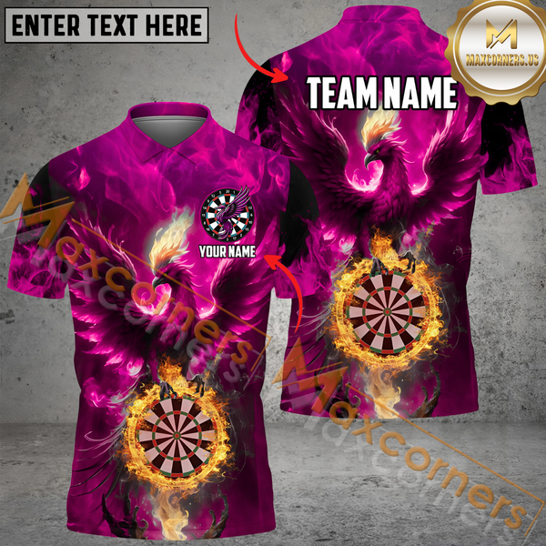 Maxcorners Darts Phoenix Flame Customized Name, Team Name 3D Polo Shirt