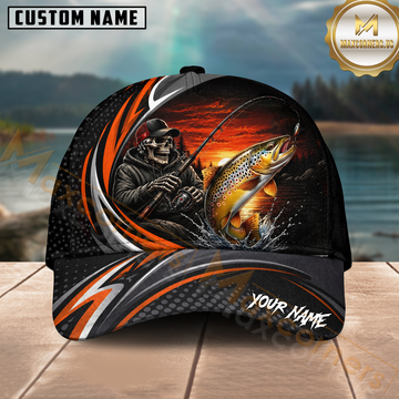 Maxcorners Fishing Skull Angler Orange Wave Personalized 3D Cap