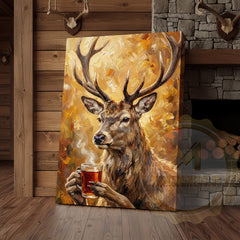 Maxcorners Beer Drinking Deer Canvas Art - Autumn Palette Wildlife Humor Print