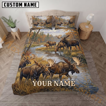 Maxcorners Moose Hunting Mountain River Landscape Custom Name 3D Bedding Set