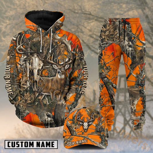 Maxcorners Hunting Whitetail Deer Antler Blaze Orange Camo Personalized 3D Combo Hoodie, Sweatpants Set & Cap