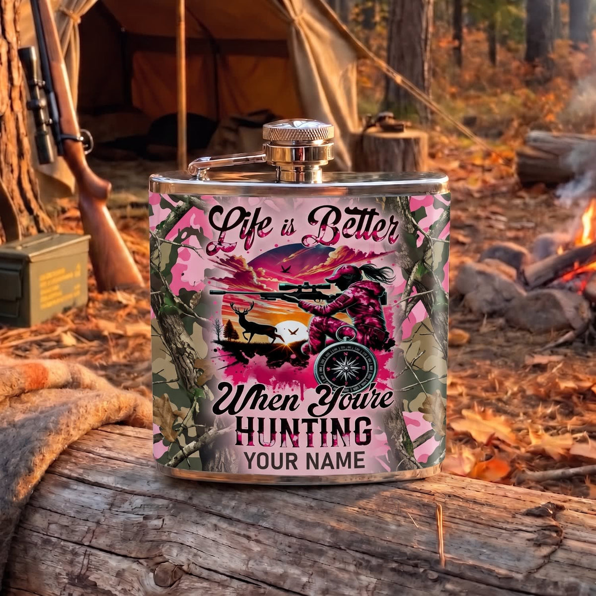 Maxcorners Hunting Life Is Better When You’re Hunting Pink Deer Design Personalized Name 3D Hip Flask