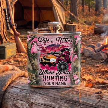 Maxcorners Hunting Life Is Better When You’re Hunting Pink Deer Design Personalized Name 3D Hip Flask