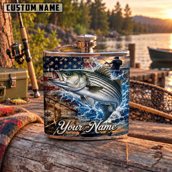 Maxcorners Fishing Striped Bass American Flag Personalized Name 3D Hip Flask