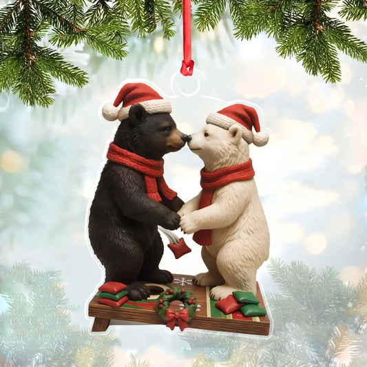 Maxcorners Cornhole Christmas Bear Couple Design Customized Name 3D Keychain And Ornament