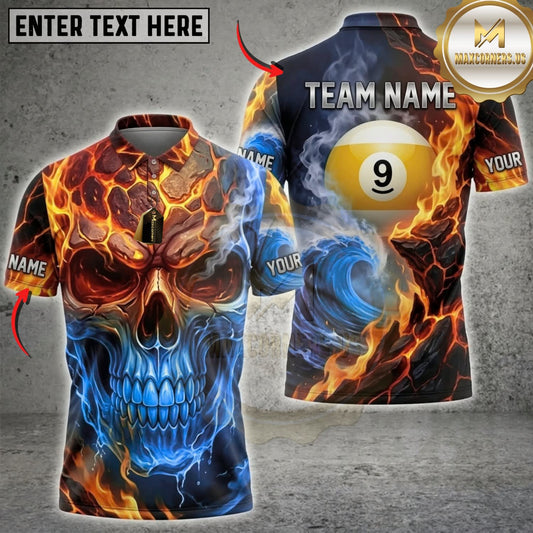 Maxcorners Billiards Molten Fire and Ice Skull 9 Ball Multicolor Customized Name, Team Name 3D Shirts ( 4 Colors )