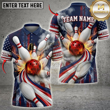 Maxcorners Bowling American Flag Fire And Lightning Bowling Strike Personalized Name 3D Unisex Shirt