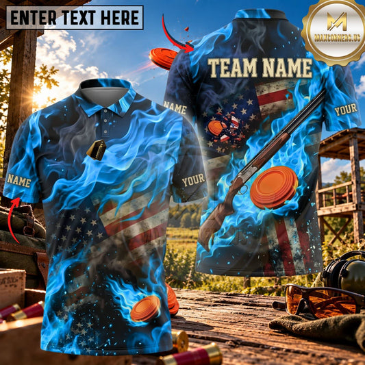 Maxcorners Clay Shooting Patriotic Flame Shotgun Target Multicolor Customized Name Team Name 3D Shirts (4 Colors)