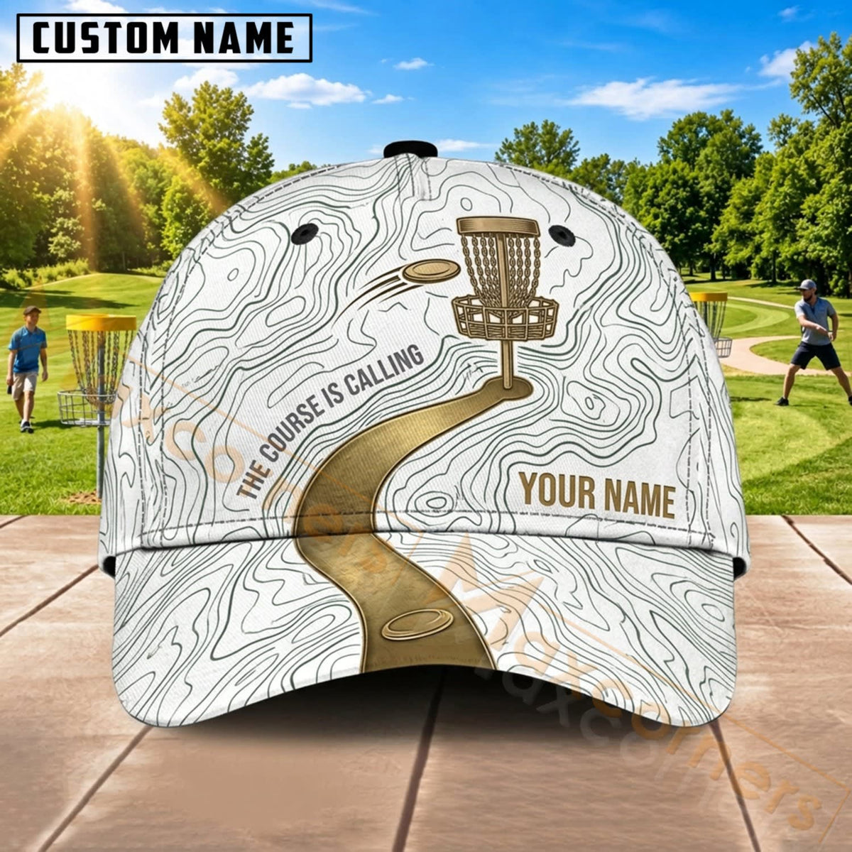Maxcorners Disc Golf White Gold Chain Basket Personalized Name 3D Cap