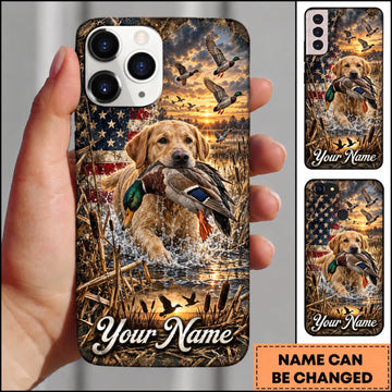 Maxcorners Duck Hunting German Wirehaired Pointer American Flag Sunset Marsh Personalized Name 3D Phone Case - Yellow Labrador Retriever