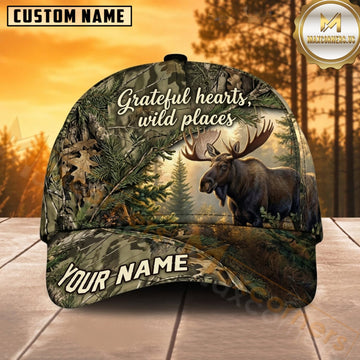 Maxcorners Moose Hunting Bull Moose Grateful Hearts Wild Places Misty Forest Camo Customized Name 3D Cap