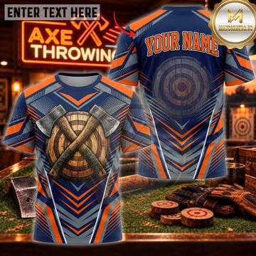 Maxcorners Axe Throwing Navy Blue Orange Bullseye Personalized Name 3D Unisex Shirt