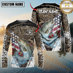 Maxcorners Striped Bass Fishing American Flag Scratch Grass Camo Custom Name & Team Name 3D Shirts