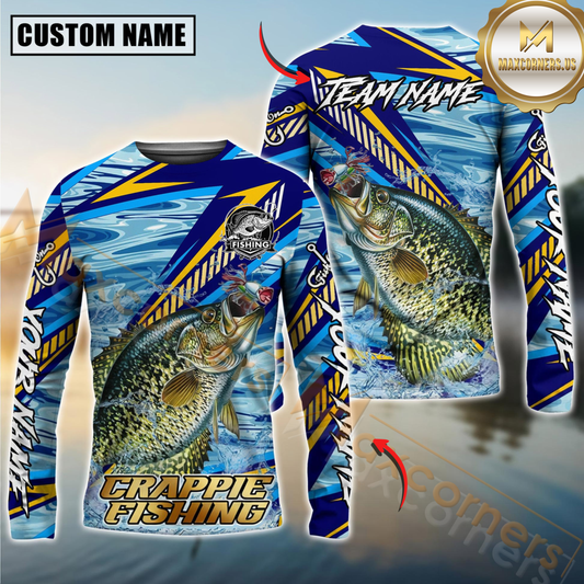 Maxcorners Crappie Fishing Yellow Blue Lightning Pattern Design Custom Name & Team Name 3D Shirts