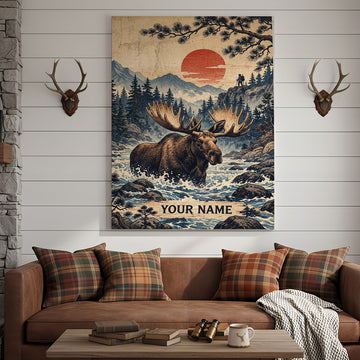 Maxcorners Moose Hunting Red Sun Pine Forest Personalized Canvas Wall Art
