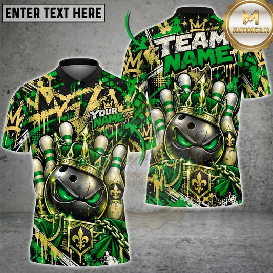 Maxcorners Bowling Royal King Crown Evil Ball Shield Fleur De Lis Pins Artwork Multicolor Customized Name, Team Name 3D Shirts