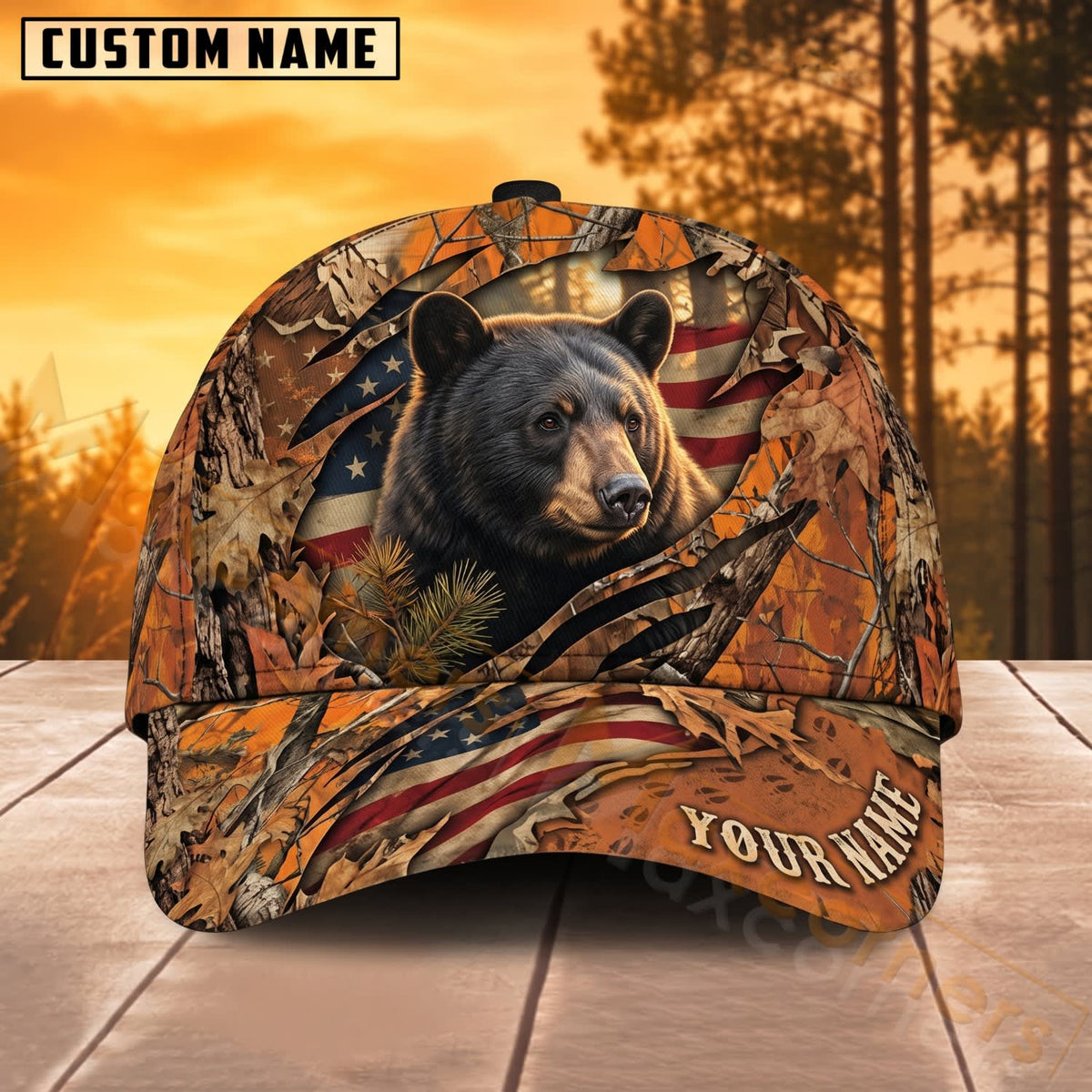 Maxcorners Black Bear Hunting American Flag Blaze Orange Camo Personalized Name 3D Cap