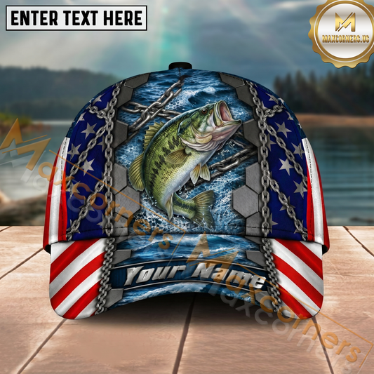 Maxcorners Fishing American Flag Metal Chain Personalized Name 3D Cap (12 Fish Species)