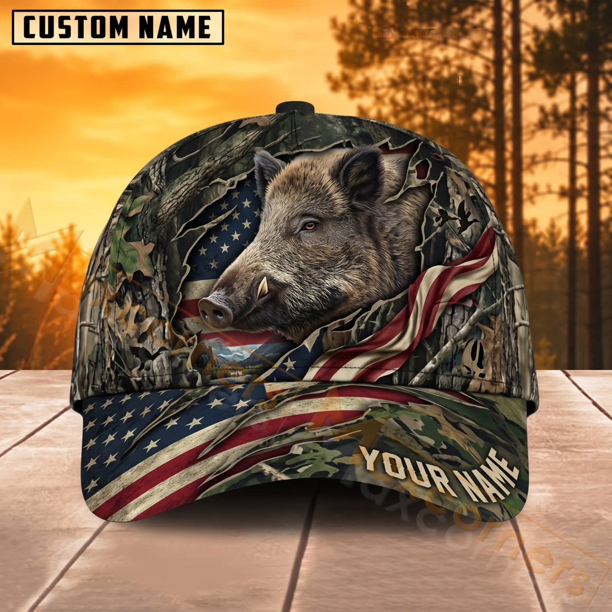 Maxcorners Wild Boar Hunting American Flag Woodland Camo Personalized Name 3D Cap