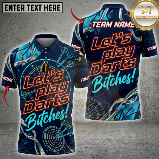 Maxcorners Darts Let's Play Darts Bitches Orange Blue Swirl Pattern Multicolor Customized Name, Team Name 3D Shirts ( 4 Colors )