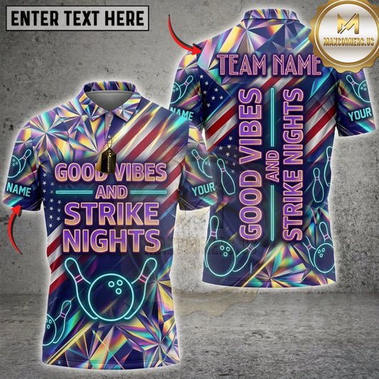 Maxcorners Bowling Neon Colorful Strike Nights Personalized Name 3D Unisex Shirt