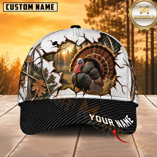 Maxcorners Hunting Wildlife Cracked Wall Autumn Forest Black Brim Personalized Name 3D Cap