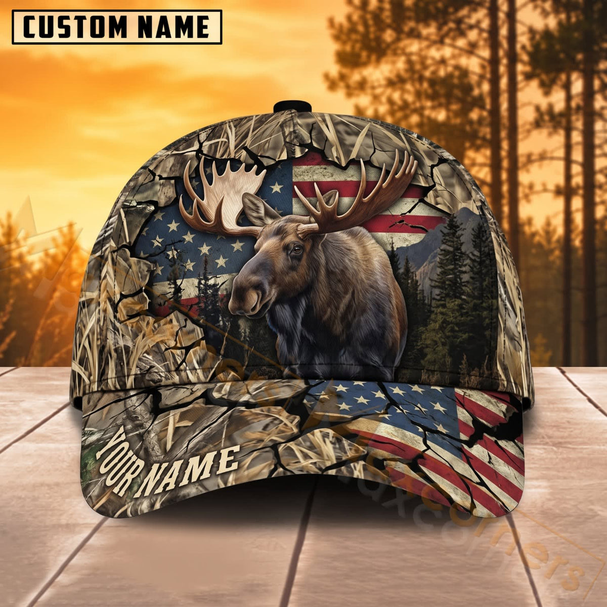 Maxcorners Moose Hunting American Flag Rustic Woodland Personalized Name 3D Cap