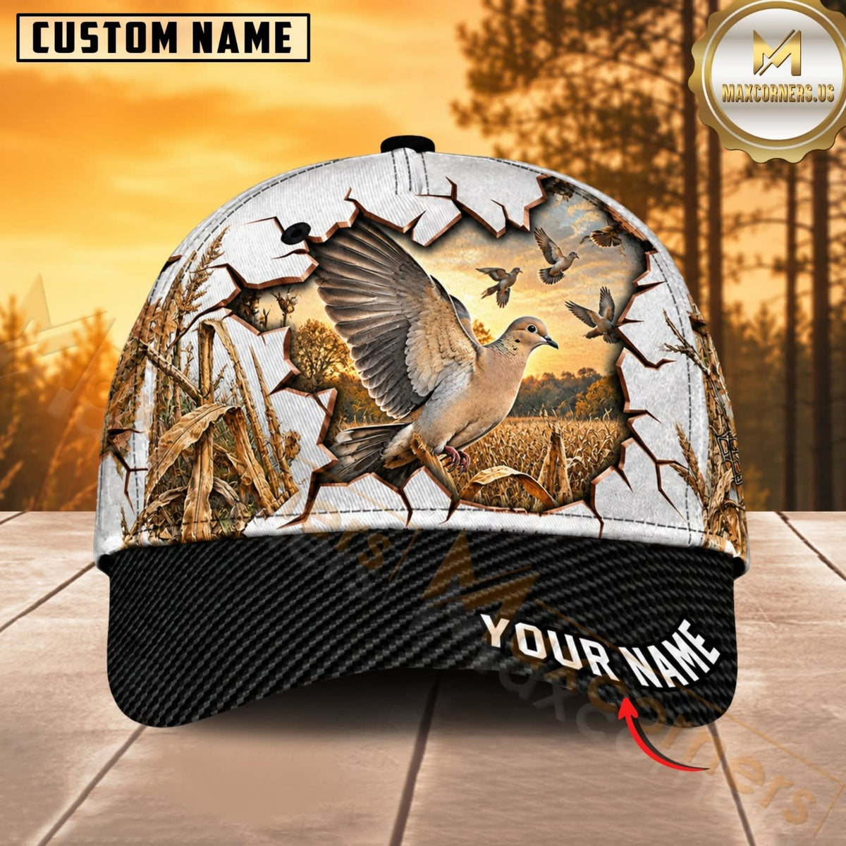 Maxcorners Hunting Wildlife Cracked Wall Autumn Forest Black Brim Personalized Name 3D Cap