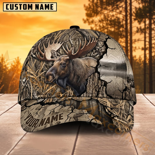 Maxcorners Moose Hunting Vintage Marsh Woodland Camo Personalized Name 3D Cap